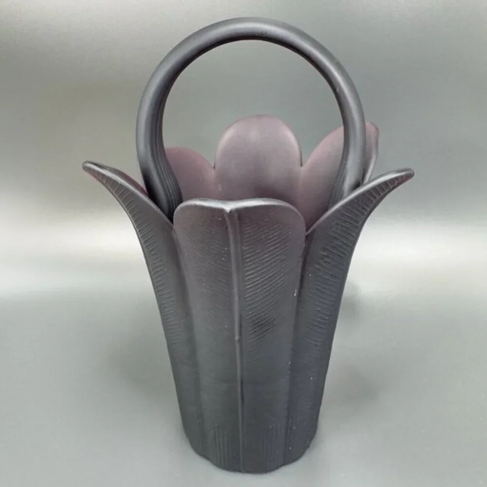 Mikasa Frosted Plum Purple Glass‎ Vase Basket Bowl Flower Shaped Japan Satin VTG